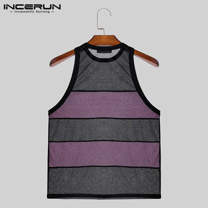 INCERUN Tops 2024 Koreanischen Stil Herren Mesh Kontrast Farbe Patchwork Tank Tops Sexy Mode Perspektive Dünne Ärmellose Westen S-5XL