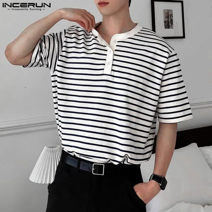 INCERUN Tops 2024 Korean Style Stylish New Men Striped Half Open Design T-shirt Summer Leisure Male Short Sleeved Camiseta S-5XL