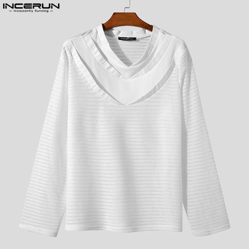 INCERUN Tops 2023 American Style Fashionable Mens Layered Mesh Design T-shirts Casual Solid Long Sleeved Pullover Camiseta S-5XL