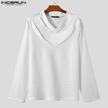 INCERUN Tops 2023 American Style Fashionable Mens Layered Mesh Design T-shirts Casual Solid Long Sleeved Pullover Camiseta S-5XL