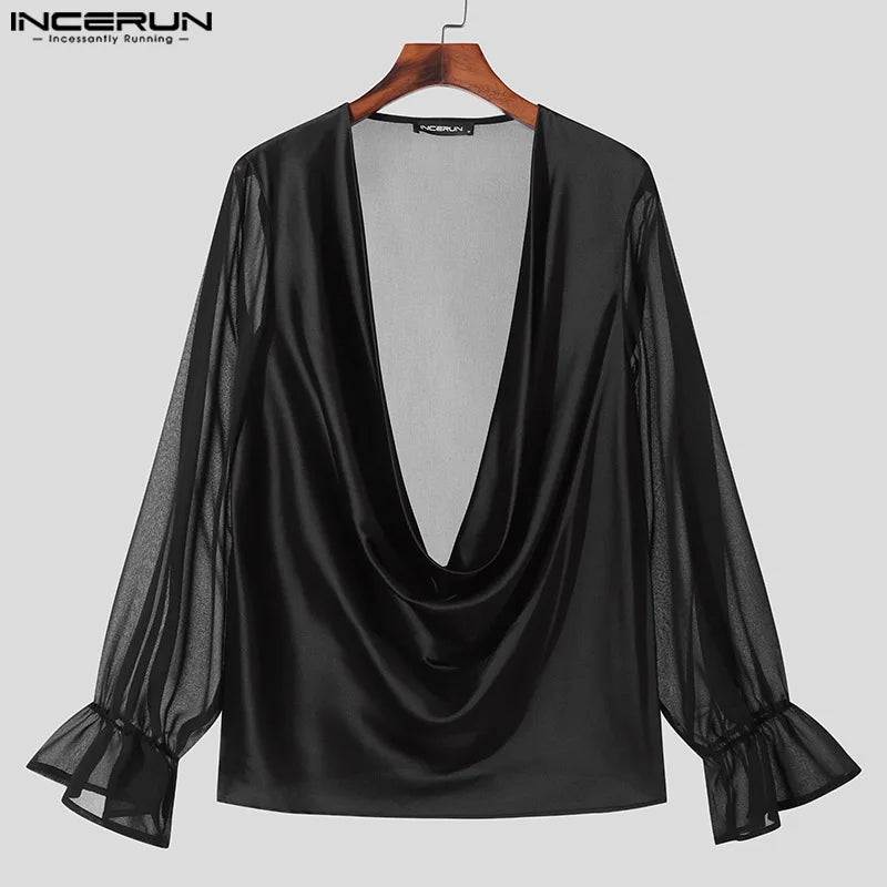 INCERUN Tops 2023 American Style Handsome Men's Swing Neck Design Loose T-shirts Casual Simple Solid Long Sleeved Camiseta S-5XL