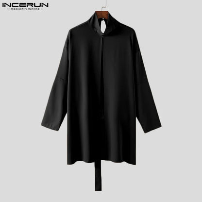 INCERUN 2024 Men Cloak Coats Solid Color Turtleneck Long Sleeve Casual Trench Loose Open Stitch Streetwear Fashion Male Ponchos