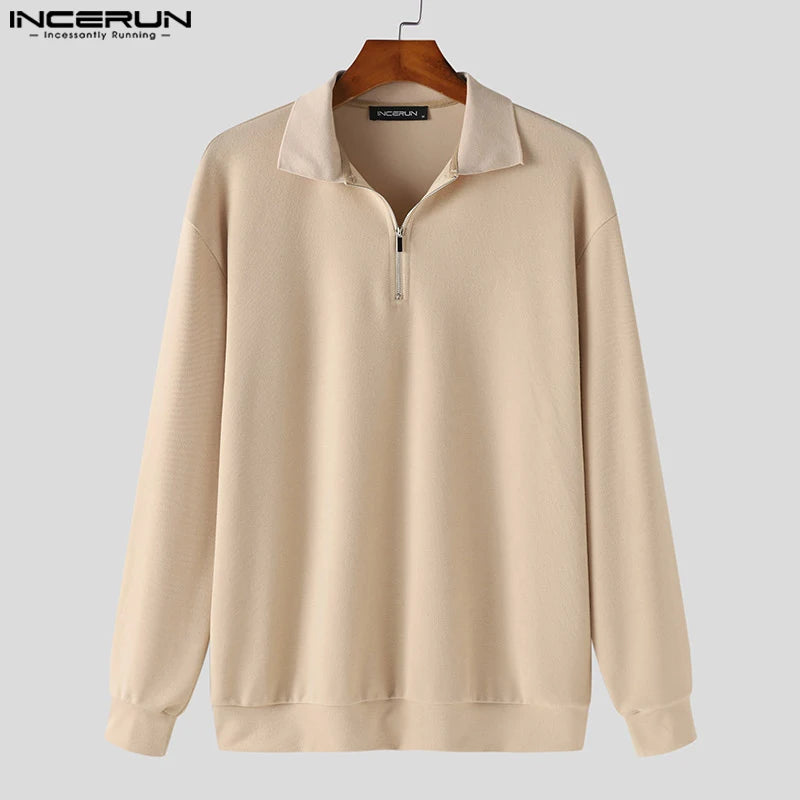 INCERUN Tops 2023 Korean Style New Men's Lapel Half Zip Design T-shirts Casual Fashion Solid Stripe Long Sleeved Camiseta S-5XL