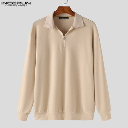 INCERUN Tops 2023 Korean Style New Men's Lapel Half Zip Design T-shirts Casual Fashion Solid Stripe Long Sleeved Camiseta S-5XL