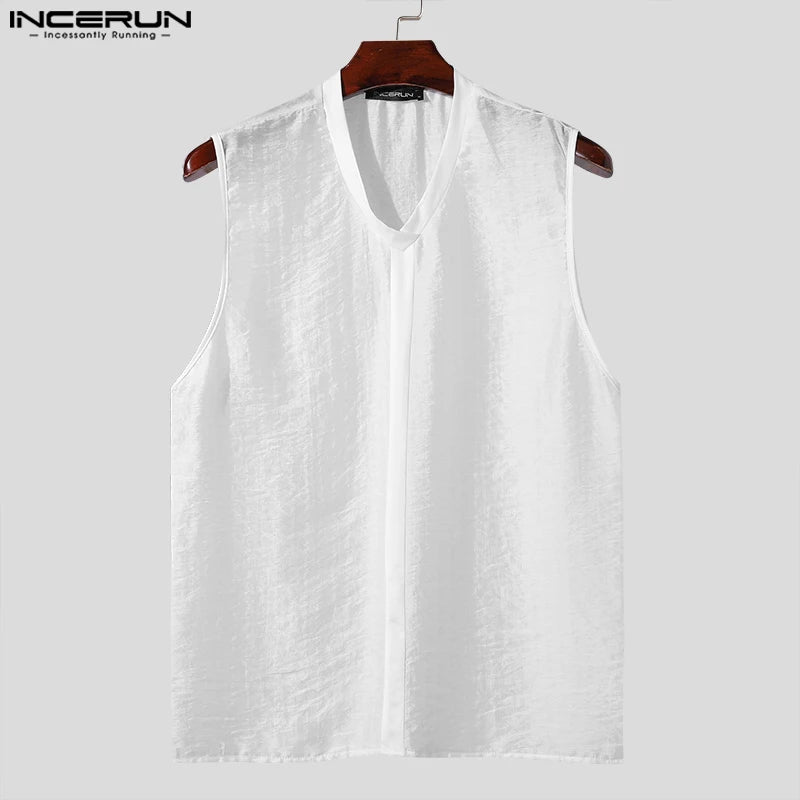 INCERUN Tops 2024 Koreanische Stil Stilvolle Männer Oansatz Solide Westen Männlichen Freizeit Patchwork Sehen-durch Mesh Ärmellose Tank Tops S-5XL