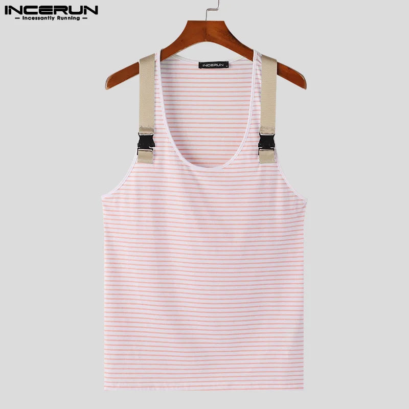 INCERUN Tops 2024 Korean Style Fashion Men U-neck Patchwork Vests Male Summer Personality Plated Belt Sleeveless Tank Tops S-5XL