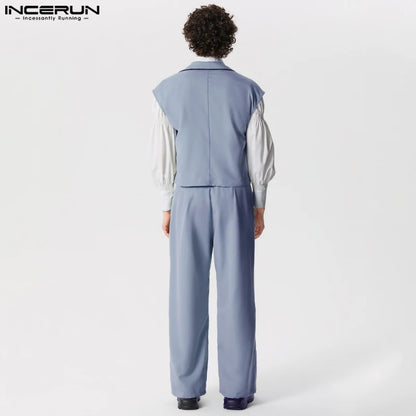 INCERUN Hommes Ensembles Couleur Unie Streetwear Revers Gilets Sans Manches Et Pantalons Droits Deux Pièces Ensembles 2024 Mode Hommes Costumes Décontractés