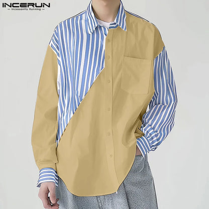 INCERUN Tops 2024 Koreanischen Stil Männer Gestreiften Patchwork Kontrast Shirts Casual Streetwear Persönlichkeit Langarm Bluse S-5XL