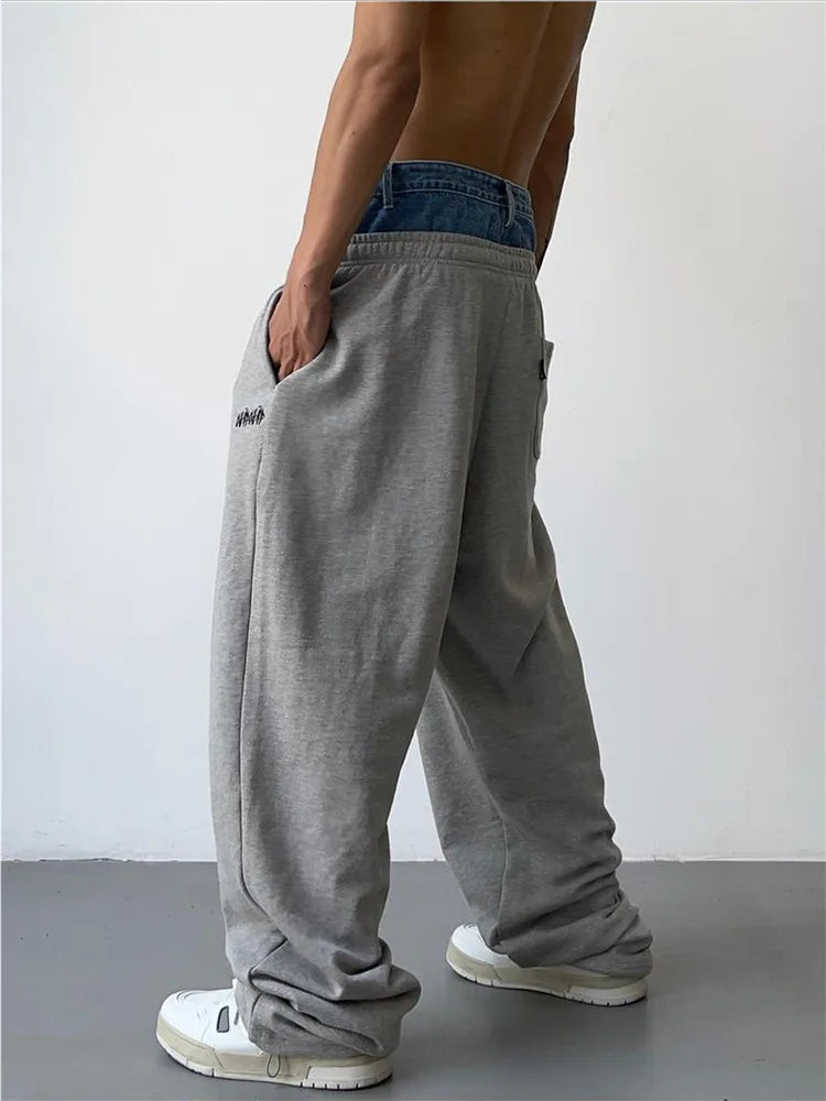 HOUZHOU Hip Hop Gris Pantalon de survêtement Pantalon de sport Bouton Jean Pantalon taille élastique Pantalon ample Y2K Pantalon de sport décontracté Joggers