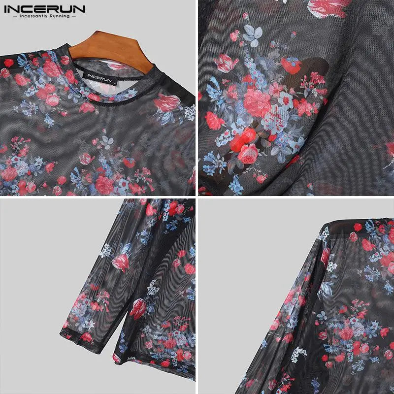 Fashion Well Fitting Tops INCERUN New Men O-neck Printing Slightly Transparent Camiseta Stylish Long Sleeved T-shirts S-5XL 2024