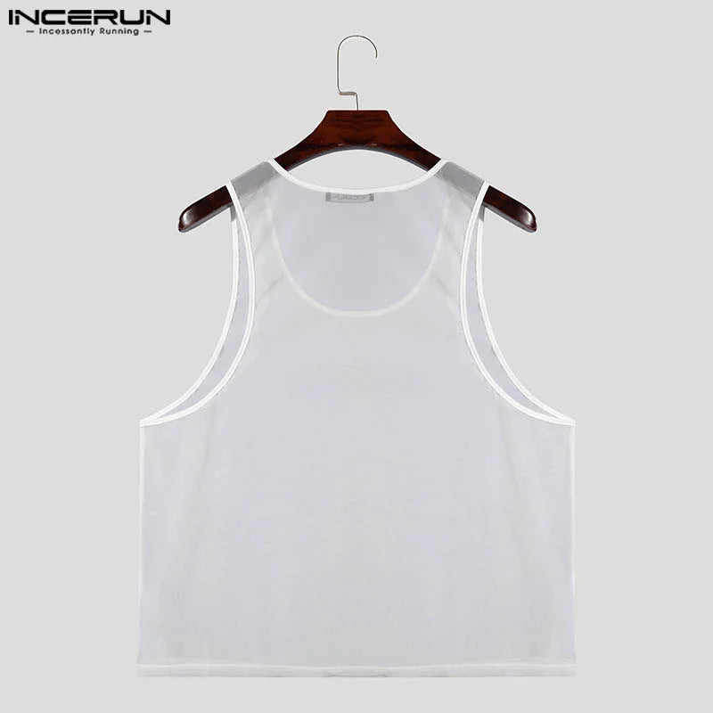 INCERUN Tops 2024 Korean Style New Men's Dense Mesh Perspective U-neck Tank Tops Summer Casual Male Thin Sleeveless Vests S-5XL