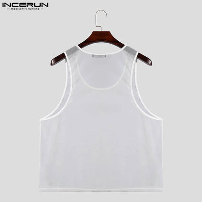 INCERUN Tops 2024 Style coréen Nouveaux hommes Dense Mesh Perspective U-cou Débardeurs Été Décontracté Hommes Mince Gilets Sans Manches S-5XL