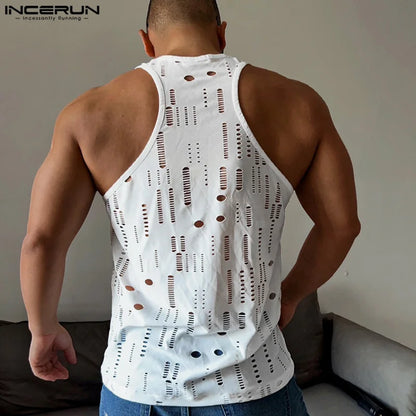 Men Tank Tops Hollow Out Solid O-neck Sleeveless Male Vests Streetwear 2024 Fitness Summer Fashion Men Clothing INCERUN S-5XL