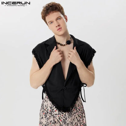 2024 Men Irregular Vests Tassel Patchwork Lapel Sleeveless One Button Waistcoats Lace Up Streetwear Fashion Casual Vests INCERUN