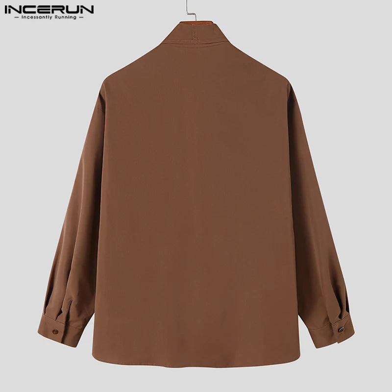 INCERUN Tops 2023 Korean Style Fashion Men's Swinging Neck Irregular Neckline Shirts Casual Solid Loose Long Sleeve Blouse S-5XL