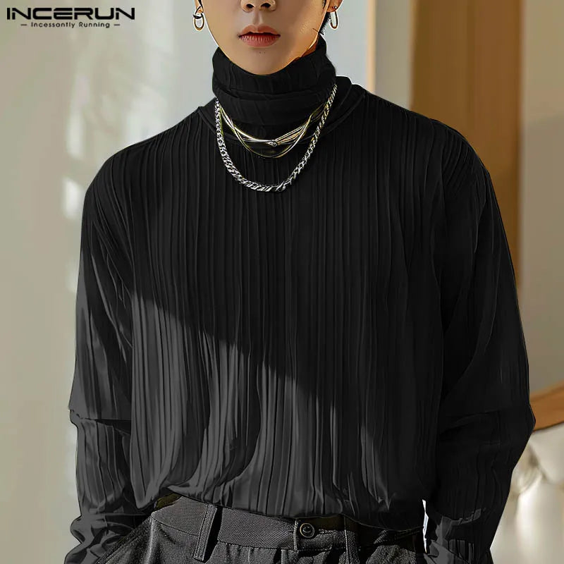 INCERUN Tops 2024 Korean Style New Men High Neck Design Striped Pleated T-shirts Casual Fashion Thin Long Sleeved Camiseta S-5XL