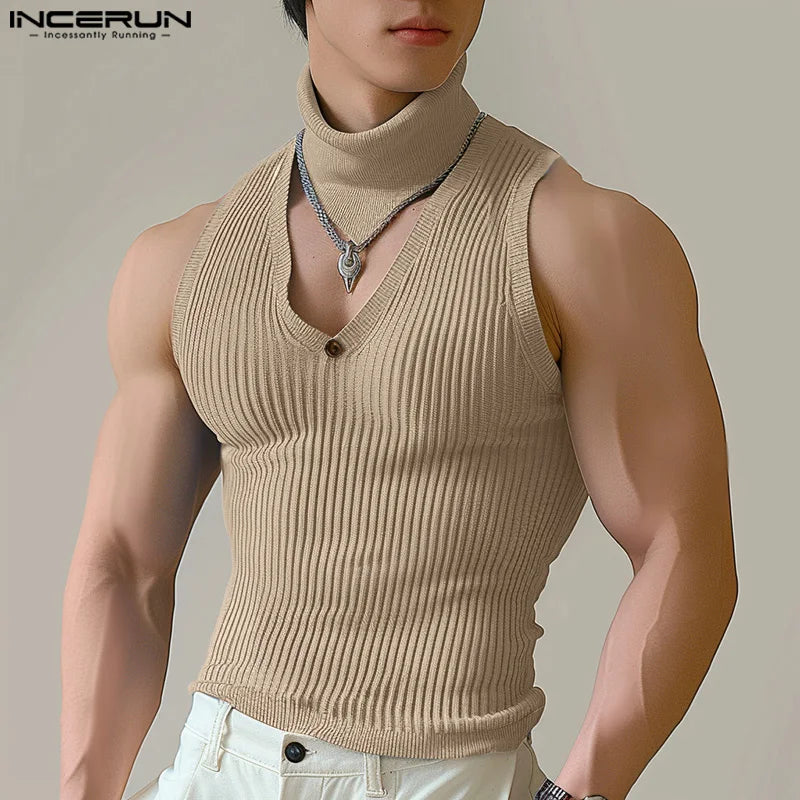 INCERUN Tops 2024 Korean Style Fashion New Mens High Neck Design Vests Casual Streetwear Male Striped Sleeveless Tank Tops S-5XL