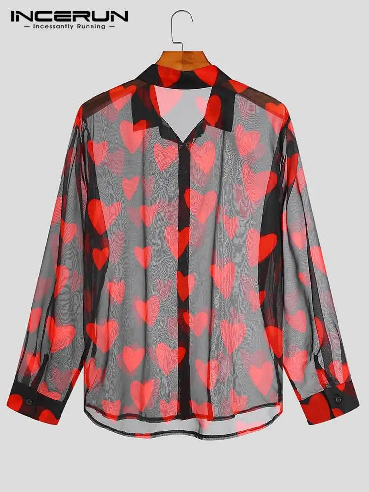 INCERUN Tops 2023 American Style Men's Sexy Leisure Mesh Blouse Casual Male See-through Heart Printing Long-sleeved Shirts S-5XL