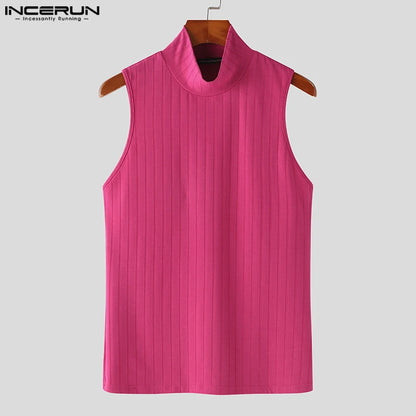 Fashion Well Fitting Tops INCERUN New Men's Simple Half High Collar Striped Vests Streetwear Male Fit Leeveless Tank Tops S-5XL