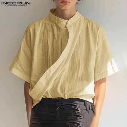 Casual Simple Style Tops INCERUN 2024 Mens Stand Neck Slanted Placket Design Shirs Summer Male Solid Medium Sleeved Blouse S-5XL