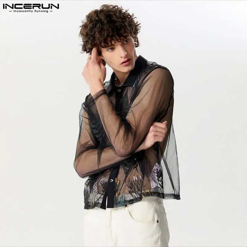 INCERUN Tops 2024 American Style Sexy New Men's Jacquard Perspective Design Shirts Casual Fashion Thin Long Sleeved Blouse S-5XL