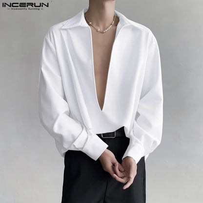 INCERUN Tops 2024 Korean Style Men Personality Large V-neck Shoulder Pad Design Shirts Solid All-match Long Sleeved Blouse S-5XL