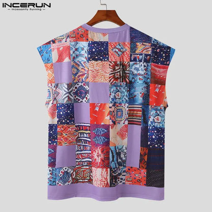 INCERUN Tops 2024 Handsome Men Personality Printed Patchwork Color Block Vests Male Streetwear O-neck Sleeveless Tank Tops S-5XL