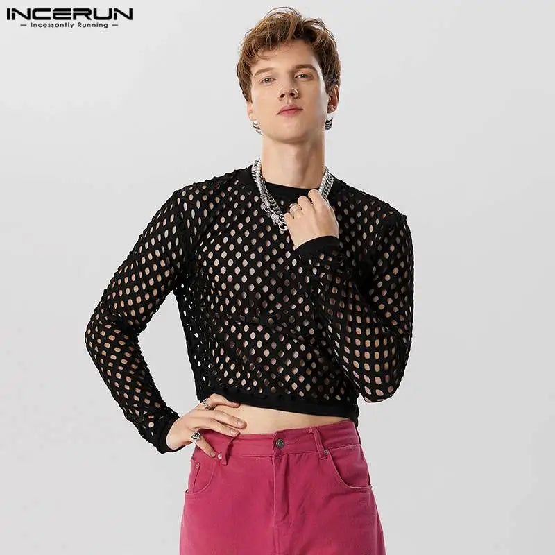 Fashion Well Fitting Tops INCERUN Handsome Men Perspective Mesh T-shirts Casual Sexy Hot Sale Thin Short Sleeved Camiseta S-5XL