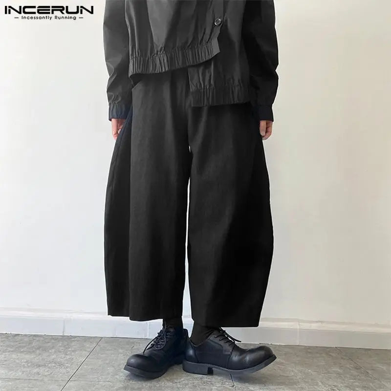 INCERUN 2024 Korean Style Trousers New Men's Leisure Loose Solid Wide Leg Pant Fashion Male Solid Simple Cropped Pantalons S-5XL