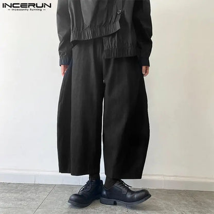 INCERUN 2024 Korean Style Trousers New Men's Leisure Loose Solid Wide Leg Pant Fashion Male Solid Simple Cropped Pantalons S-5XL