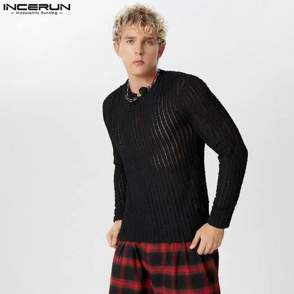 INCERUN Tops 2024 American Style Fashion New Men's Striped Mesh Perspective T-shirt Sexy Male O-neck Long Sleeved Camiseta S-5XL