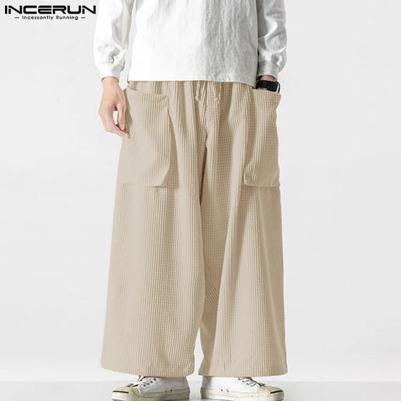 INCERUN 2024 Korean Style Pantalons New Men's Corduroy Pocket Design Pants Casual Well Fitting Solid Straight Leg Trousers S-5XL