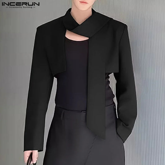 INCERUN Tops 2024 Style coréen Hommes Ruban Conception Courte Costume Manteaux Décontracté Streetwear Solide Tout-match Blazer À Manches Longues S-5XL