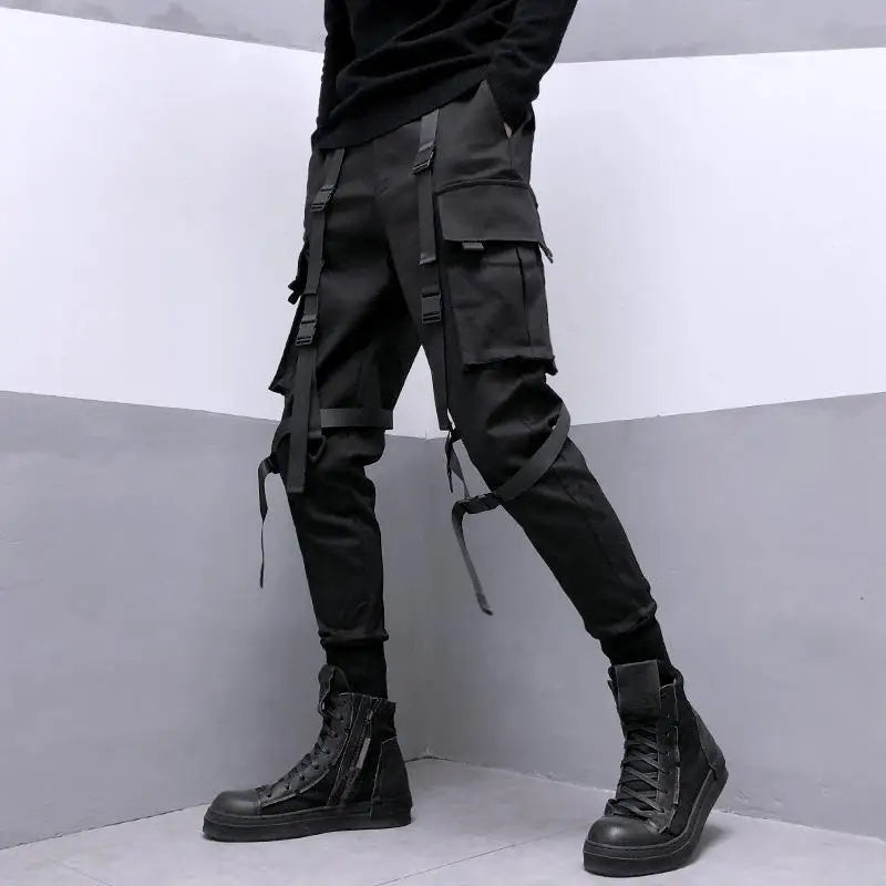 Pantalon cargo noir HOUZHOU Techwear pour homme Pantalon cargo pour homme Style japonais Streetwear Hip Hop Printemps Poche à ruban Mode Harajuku