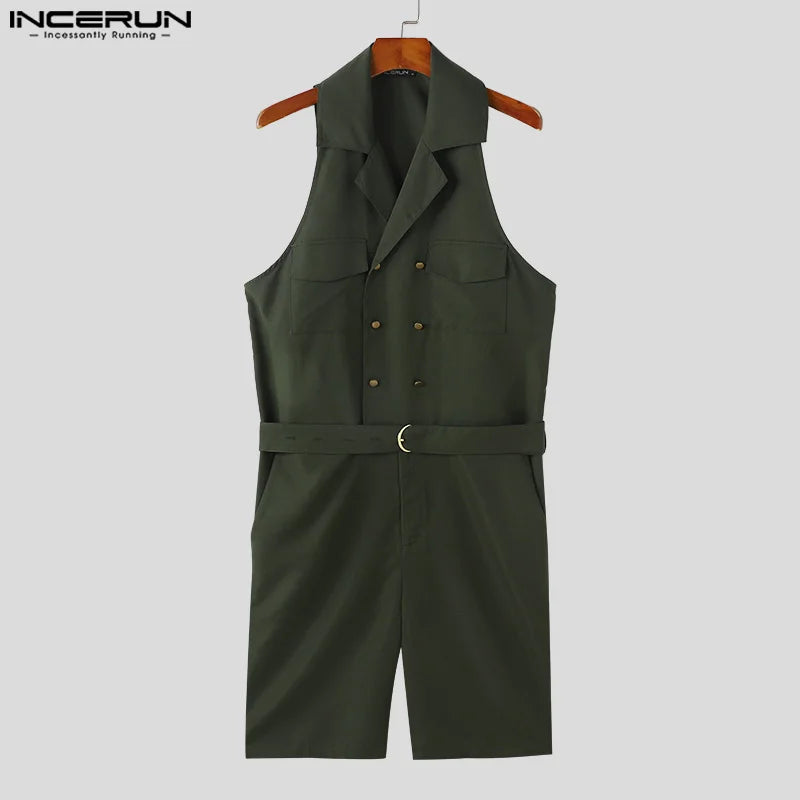 Fashion Casual Style Men's Jumpsuits INCERUN 2024 Solid Suit collar Design Rompers Button Waist Belt Sleeveless Bodysuits S-5XL