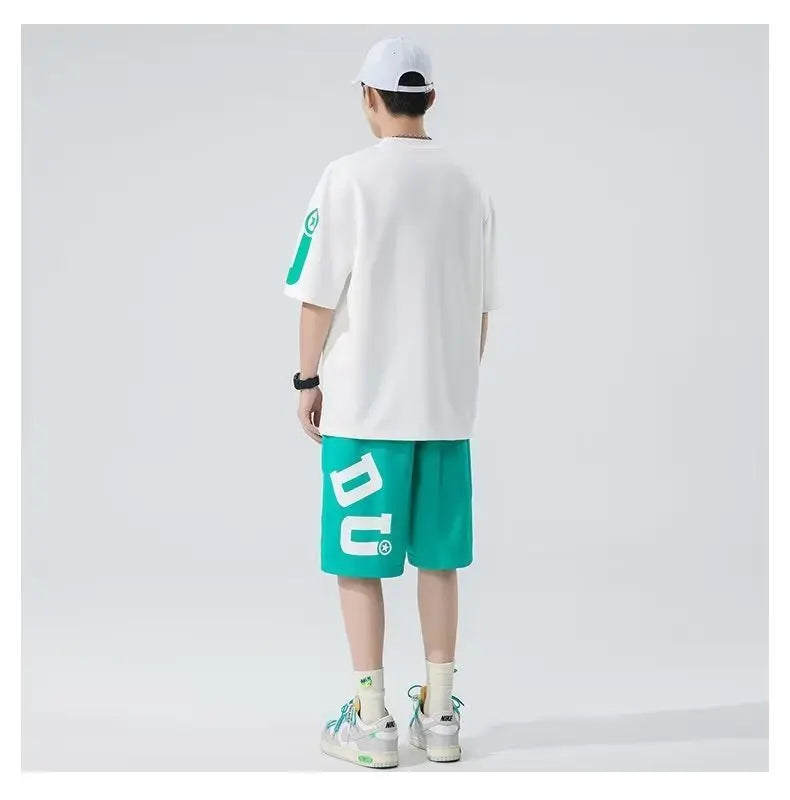 HOUZHOU Two Piece Men Tracksuit Oversized Shorts Sets Summer Print Korean Fashion Short Sleeve Tops Male Sports Casual Suits