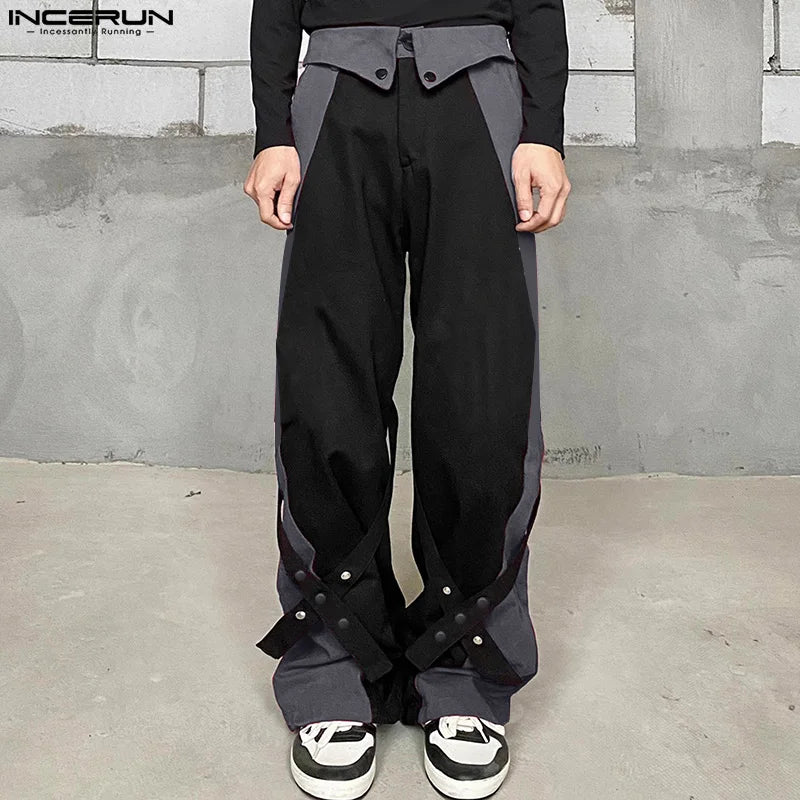 INCERUN 2024 Korean Style New Men Trousers Patchwork Cross Design Long Pants Casual Streetwear Contrasting Color Pantalons S-5XL