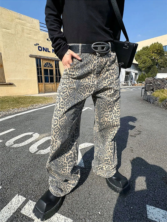 HOUZHOU Leopard Jeans for Men Denim Pants Male Oversize Wide Leg Trousers Streetwear Hip Hop Vintage Animal Print Loose Casual