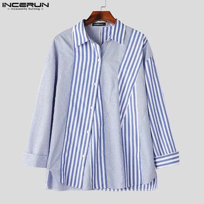 Handsome Well Fitting Tops INCERUN Men's Striped Patchwork Design Shirts Casual Fashionable Male Long Sleeved Lapel Blouse S-5XL