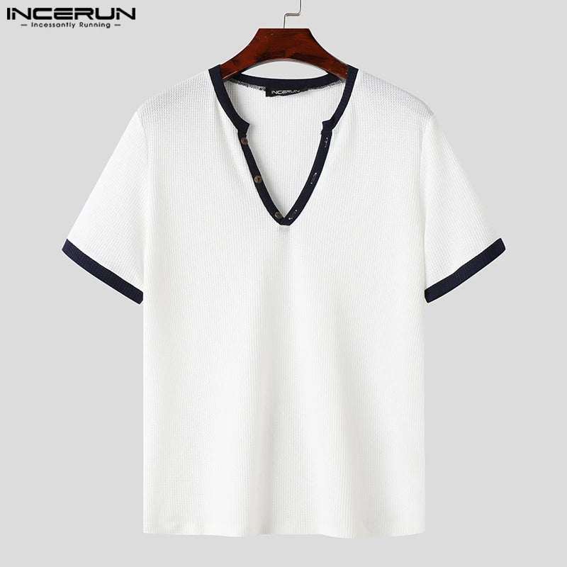 INCERUN Tops 2024 American Style Stylish New Men's Patchwork Line Design T-shirt Summer Male V-neck Short Sleeved Camiseta S-5XL