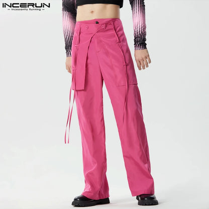 INCERUN 2024 American Style Trousers Fashion Men Layered Fake Two-piece Design Long Pants Casual Solid All-match Pantalons S-5XL