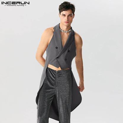 INCERUN Tops 2023 American Style New Men's Irregular Hem Design Vests Casual Street Long-style Solid Sleeveless Suit Vests S-5XL