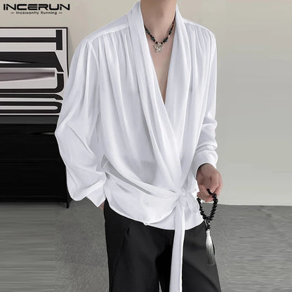 INCERUN Tops 2024 Herren Frühling Sommer Binden Chiffon Leicht transparente Hemden Casual Streetwear Dünne Langarm Bluse S-5XL