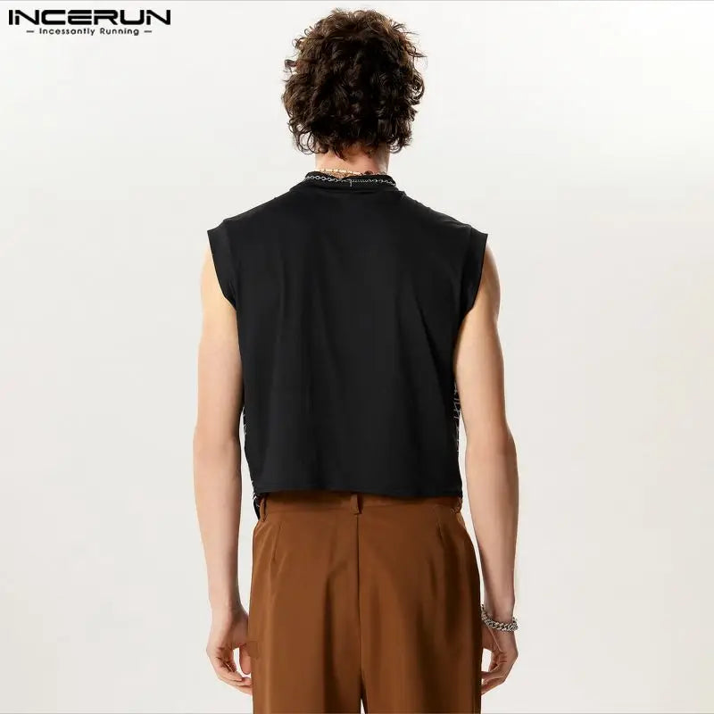 INCERUN Tops 2024 American Style Fashionable New Men Ripple Line Design Vests Casual Fit Patchwork Irregular Hem Tank Tops S-5XL