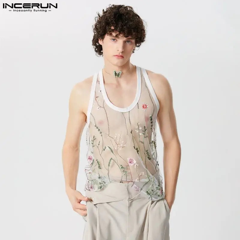 2024 Summer Mens Tank Tops Camisas INCERUN Sexy Mesh Floral Printed Sleeveless Vests Men Clothing Embroidery See-through Blouses