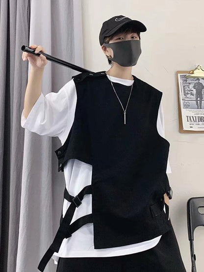 HOUZHOU Techwear Vest Men's T-shirt with Short Sleeves T-shirts Black Sleeveless Vest Men Coat Summer Streetwear Hip Hop