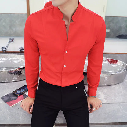 2024 Frühling 3 Farbe Stehkragen Hemd Hohe Qualität Männer Langarm Slim Fit Casual Shirt Schwarz Weiß Rot Business Kleid Shirts