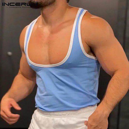 INCERUN Tops 2024 American Style New Mens Contrasting Color Patchwork Large Tank Tops Casual Comfortable Male U-neck Vests S-5XL