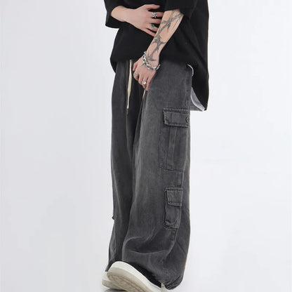 HOUZHOU Baggy Cargo Jeans Men Oversize Wide Leg Denim Trousers Male Cargo Pants Japanese Casual Loose Streetwear Hip Hop