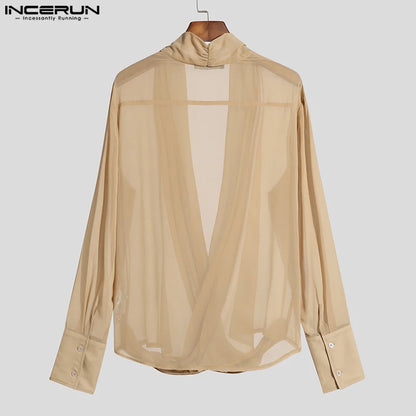 INCERUN Tops 2023 Style américain Nouvelle mode pour hommes Rayures lumineuses Pile Blouse Casual Couleur unie Cross Manches longues Chemises S-5XL